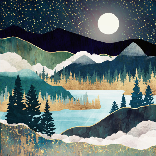 Poster Paesaggio con lago e stelle
