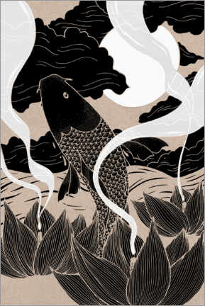 Poster Controcorrente: pesce e loto giapponesi