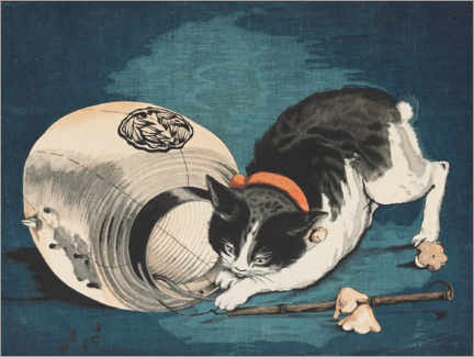 Stampa su tela  Cat catching a rat - Kobayashi Kiyochika