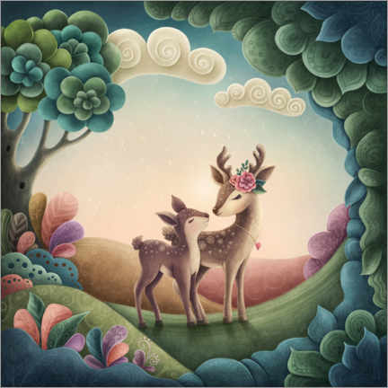 Stampa su tela  Mother and baby deer - Elena Schweitzer