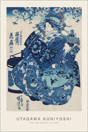Stampa su tela  Ogiya uchi Hanaogi (Portrait of Geisha in Blue Kimono) - Utagawa Kuniyoshi