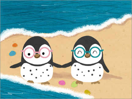 Stampa su alluminio  Penguins with glasses at the beach - Julia Reyelt