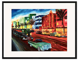 Stampa artistica con cornice  Miami Ocean Drive with mint Cadillac - M. Bleichner