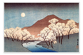 Poster Paesaggio sul fiume con luna crescente