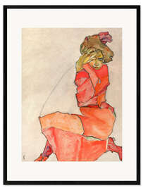 Stampa artistica con cornice  Donna inginocchiata con vestito rosso - Egon Schiele