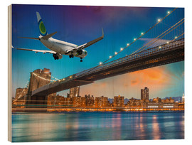 Stampa su legno  Aircraft flying over Brooklyn Bridge in New York