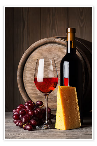 Poster Vino rosso con formaggio e chicchi d'uva
