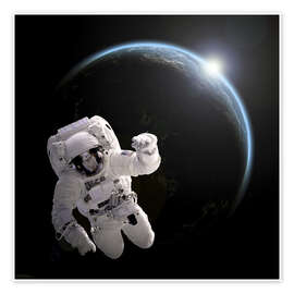 Poster  Astronaut floating in space as the sun rises on to Earth-like planet. - Marc Ward