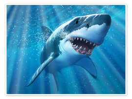 Poster  Un grande squalo bianco con raggi del sole appena sotto la superficie - Jerry LoFaro