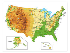 Poster  Stati Uniti d'America - Mappa topografica (inglese)